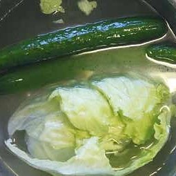 将黄瓜和生菜浸泡在溶解的安心食卓水溶液中。
